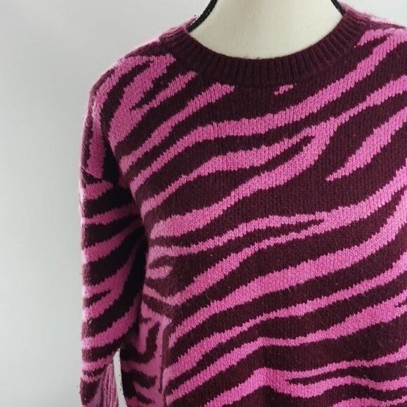 Ann Taylor Womens Size S Sweater Pink Maroon Zebra Print Crew Neck Pullover - Picture 3 of 7
